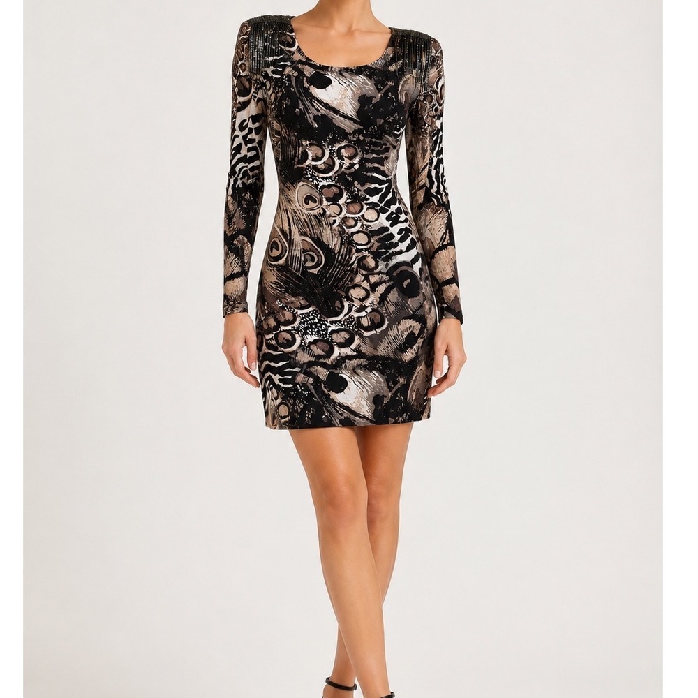 Alberto Makali Brown Peacock Animal Print Chain Fringe‎ Shoulder Mini Dress M